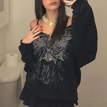 SOLILOQUY Women Zip Up Hoodie Y2k Vintage Graphic Oversized Hooded Sweatshirt Jacket Grunge Fairycore Coats Harajuku Streetwear (H-Black, Large)