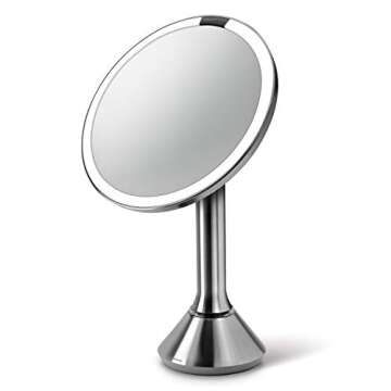 simplehuman Floor Mount 8" Round Sensor Makeup Mirror with Touch-Control Brightness, 5X Magnification, Rechargeable and Cordless, Brushed Stainless Steel