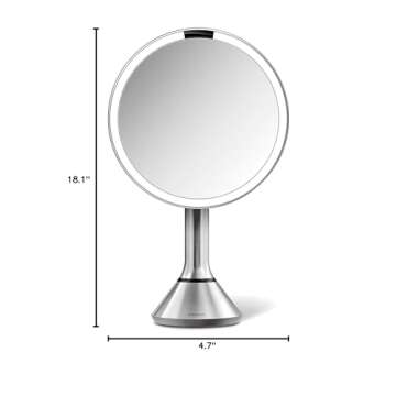 simplehuman Floor Mount 8" Round Sensor Makeup Mirror with Touch-Control Brightness, 5X Magnification, Rechargeable and Cordless, Brushed Stainless Steel