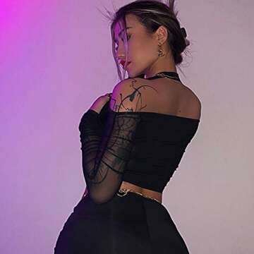 Halter V Neck Mesh Patchwork y2k Women Tshirts Summer Going Out Corset Crop Top Long Sleeve Tee T Shirt (Halter Crop Black, L)