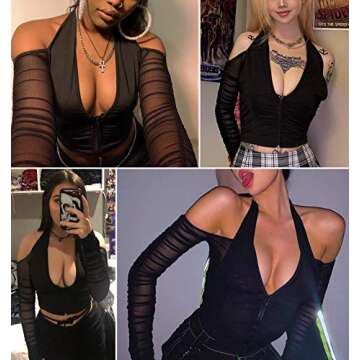Halter V Neck Mesh Patchwork y2k Women Tshirts Summer Going Out Corset Crop Top Long Sleeve Tee T Shirt (Halter Crop Black, L)