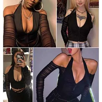 Halter V Neck Mesh Patchwork y2k Women Tshirts Summer Going Out Corset Crop Top Long Sleeve Tee T Shirt (Halter Crop Black, L)