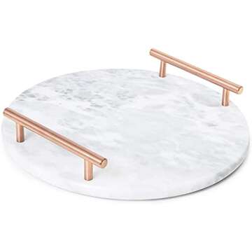 Juvale Round Marble Tray for Vanity with Handles, Geode Tray, Elegant White Marble and Gold Serving Board for Kitchen, Home Decor, Centerpiece Display (10.7x10.7x0.4 in)