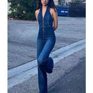 Sexyshine Women's Lapel V Neck Halter Sleeveless Denim Jumpsuit Zipper Up Flared Leg One Piece Jumpsuit Rompers Overalls(24137BE,M)