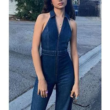 Sexyshine Women's Lapel V Neck Halter Sleeveless Denim Jumpsuit Zipper Up Flared Leg One Piece Jumpsuit Rompers Overalls(24137BE,M)