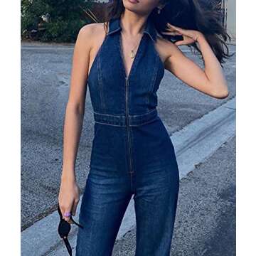 Sexyshine Women's Lapel V Neck Halter Sleeveless Denim Jumpsuit Zipper Up Flared Leg One Piece Jumpsuit Rompers Overalls(24137BE,M)