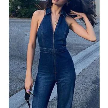 Sexyshine Women's Lapel V Neck Halter Sleeveless Denim Jumpsuit Zipper Up Flared Leg One Piece Jumpsuit Rompers Overalls(24137BE,M)