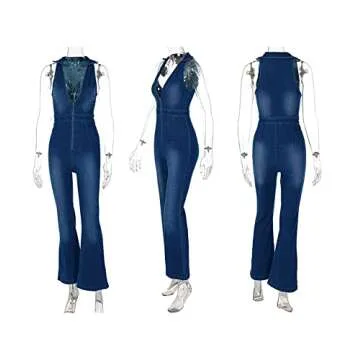 Sexyshine Women's Lapel V Neck Halter Sleeveless Denim Jumpsuit Zipper Up Flared Leg One Piece Jumpsuit Rompers Overalls(24137BE,M)