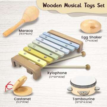 Wooden Toddler Toys - Musical Toys for Toddlers 1-3 - Montessori Musical Instruments for Toddlers 1-3 – Toddler Musical Instruments Set of 5 Baby Toys Including a Colorful Xylophone for Toddlers 1-3