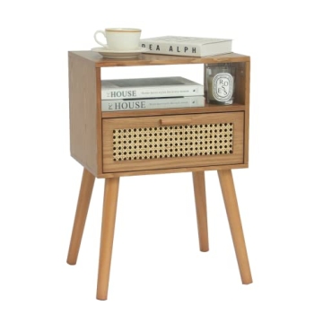 MaxSmeo Mid Century Modern Nightstand - Stylish Brown Rattan & Wood