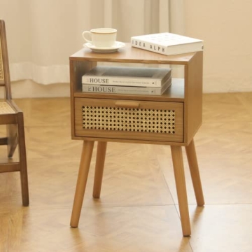 MaxSmeo Mid Century Modern Nightstand Brown Rattan Wood