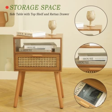 MaxSmeo Mid Century Modern Nightstand Brown Rattan Wood