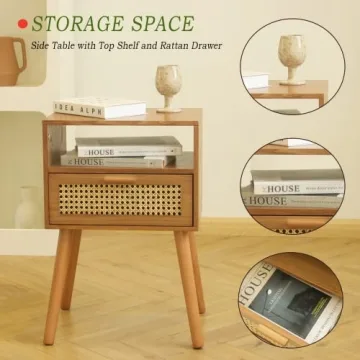 MaxSmeo Mid Century Modern Nightstand Brown Rattan Wood