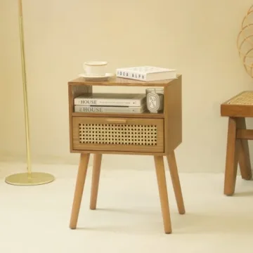 MaxSmeo Mid Century Modern Nightstand Brown Rattan Wood