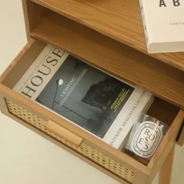 MaxSmeo Mid Century Modern Nightstand Brown Rattan Wood