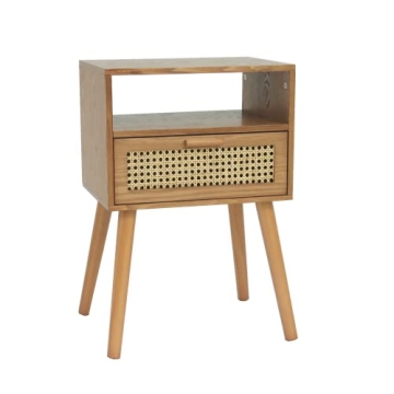 MaxSmeo Mid Century Modern Nightstand Brown Rattan Wood