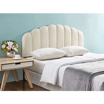 Ball & Cast Channel Tufted Headboard Velvet Upholstered Bed for Queen Full Size Adjustable Width and Heights, Cream