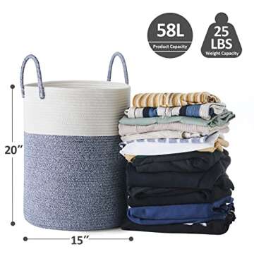 Cotton Rope Laundry Hamper by YOUDENOVA, 58L - Woven Collapsible Laundry Basket - Clothes Storage Ba...