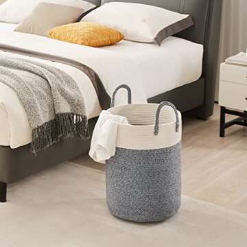 Cotton Rope Laundry Hamper by YOUDENOVA, 58L - Woven Collapsible Laundry Basket - Clothes Storage Basket for Blankets, Laundry Room Organizing, Bedroom Storage, Clothes Hamper – Blue