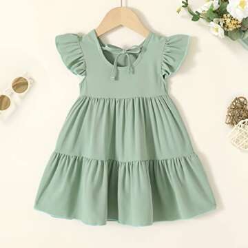 Toddler Baby Girl Boho Dress Linen Ruffle Sleeveless Casual Dress Kids Solid Floral Summer Beach Sundress(Green, 3-4T)