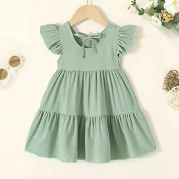 Toddler Baby Girl Boho Dress Linen Ruffle Sleeveless Casual Dress Kids Solid Floral Summer Beach Sundress(Green, 3-4T)