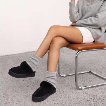 DREAM PAIRS Platform Slippers for Women Genuine Suede FuzzyEasy Cozy Memory Foam Waterproof Slippers Shoes for Indoor and Outdoor,Size 8,Black,SDSL2401W