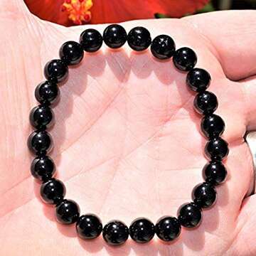 Zenergy Gems Charged Premium Natural Crystal 8mm Bead Bracelet + Moroccan Selenite Charging Crystal [Included] (Black Tourmaline (Himalayan))