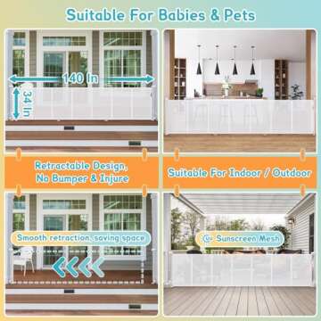 140'' Retractable Baby Gates Extra Wide,34" Tall Retractable Dog Gate for Doorways, Security Upgrade Reinforcement Rods Extra Long Retractable Baby Gate for Stairs, Indoor/Outdoor Retractable Gate - W