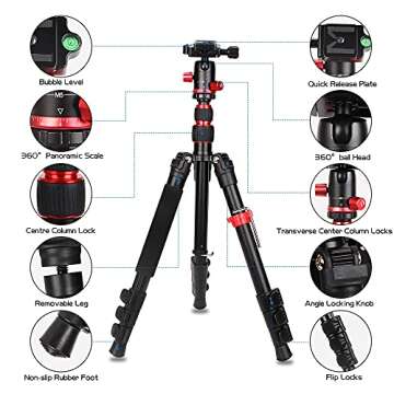 59" Camera Tripod, Premium Tripod for DSLR Camera, Lightweight and Compact Aluminum Tripod with 360 ...