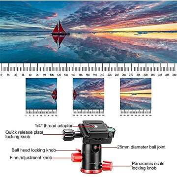 59" Camera Tripod, Premium Tripod for DSLR Camera, Lightweight and Compact Aluminum Tripod with 360 Degree Panorama Ball Head, Monopod with Phone Clip and Remote for Smartphone, 17.6lbs Load