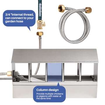 Automatic Chicken Waterer Stainless Steel Large Metal Chicken Waterer System Poultry Waterer Dispenser with Float Valve Kit Hanging Chicken Water Feeder Hose Accessories for Pigeon, Duck, Goose