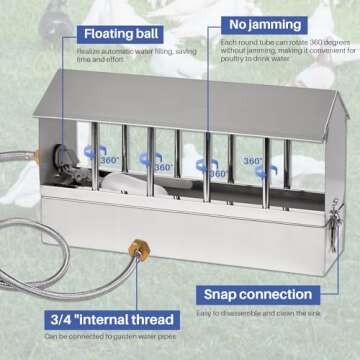 Automatic Chicken Waterer Stainless Steel Large Metal Chicken Waterer System Poultry Waterer Dispenser with Float Valve Kit Hanging Chicken Water Feeder Hose Accessories for Pigeon, Duck, Goose