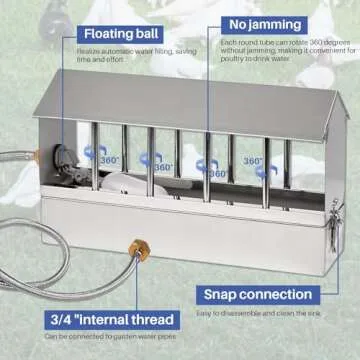 Automatic Chicken Waterer Stainless Steel Large Metal Chicken Waterer System Poultry Waterer Dispenser with Float Valve Kit Hanging Chicken Water Feeder Hose Accessories for Pigeon, Duck, Goose