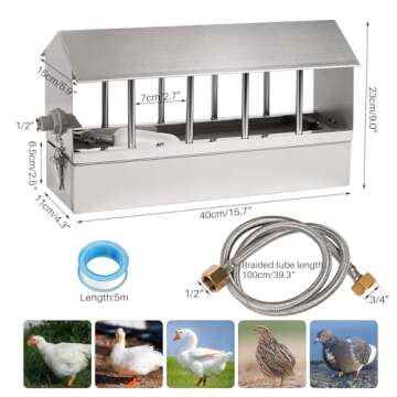 Automatic Chicken Waterer Stainless Steel Large Metal Chicken Waterer System Poultry Waterer Dispenser with Float Valve Kit Hanging Chicken Water Feeder Hose Accessories for Pigeon, Duck, Goose