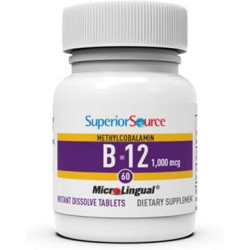 Superior Source No Shot Vitamin B12 Methylcobalamin 1000 mcg, Quick Dissolve MicroLingual Tablets, 60 Count, Active Form of B12, Supports Energy Production, Nervous System Support, Non-GMO