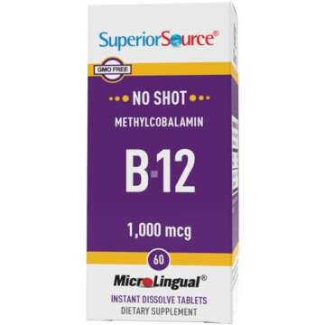 Superior Source No Shot Vitamin B12 Methylcobalamin 1000 mcg, Quick Dissolve MicroLingual Tablets, 60 Count, Active Form of B12, Supports Energy Production, Nervous System Support, Non-GMO