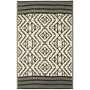 Fab Habitat Outdoor Rug - Waterproof, Fade Resistant, Crease-Free - Premium Recycled Plastic - Tribal Boho Neutral - Large Patio, Deck, Sunroom, Camping, RV - Kilimanjaro - Black - 6 x 9 ft