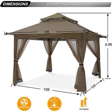 ABCCANOPY Pop Up Gazebo 13x13 - Outdoor Canopy Tent with Mosquito Netting for Patio Garden Backyard (Brown)