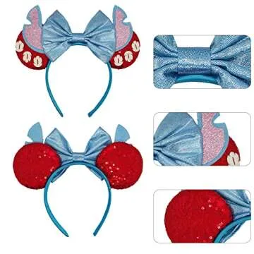 MADO Mouse Ears Headband for Women Girls, Glitter Stitch Headband Princess Dress up Decorations Party favors park hair accessories (BLUE PINK EARS)