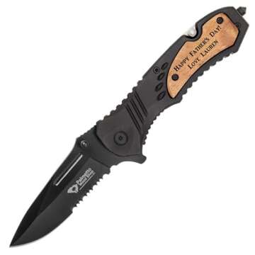 Palmetto Wood Shop Pocket Knife - Laser Engraved Gifts for Men, Custom Knife for Hunting, Camping, Everyday Carry - 3.25-inch Stainless Steel Blade, 4.5-inch Black/Wood Handle