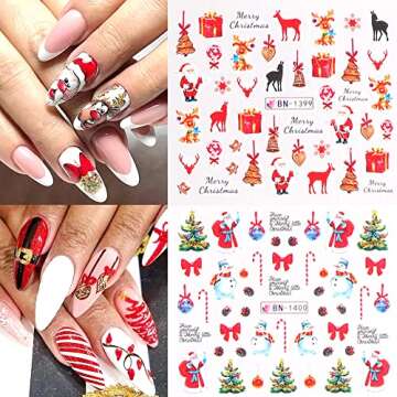 Christmas Nail Art Stickers, Snowflake Nail Decals Water Transfer Colorful Snowmen Reindeer Bell Merry Christmas Happy New Year Xmas Tree Winter Nail Tattoo Stickers (12 Sheets)
