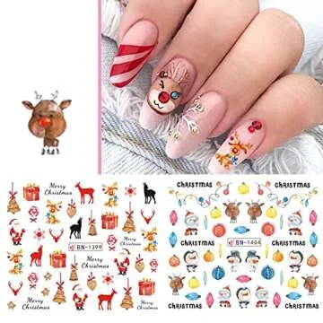 Christmas Nail Art Stickers, Snowflake Nail Decals Water Transfer Colorful Snowmen Reindeer Bell Merry Christmas Happy New Year Xmas Tree Winter Nail Tattoo Stickers (12 Sheets)