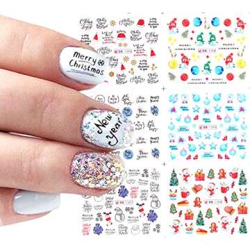 Christmas Nail Art Stickers, Snowflake Nail Decals Water Transfer Colorful Snowmen Reindeer Bell Merry Christmas Happy New Year Xmas Tree Winter Nail Tattoo Stickers (12 Sheets)