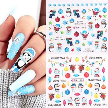 Christmas Nail Art Stickers, Snowflake Nail Decals Water Transfer Colorful Snowmen Reindeer Bell Merry Christmas Happy New Year Xmas Tree Winter Nail Tattoo Stickers (12 Sheets)