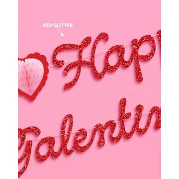xo, Fetti Happy Galentine's Day Banner - Red Glitter, 5 Ft. | 3D Heart Garland, Valentine's Dinner Decoration, Vday Party Sign, Girl's Night Photoshoot Backdrop