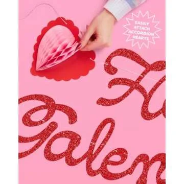 xo, Fetti Happy Galentine's Day Banner - Red Glitter, 5 Ft. | 3D Heart Garland, Valentine's Dinner Decoration, Vday Party Sign, Girl's Night Photoshoot Backdrop