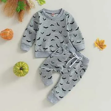 YINGISFITM Baby Girl Boy Halloween Outfits Bumpkin Spook Crewneck Sweatshirt Top Pants Set Toddler Neutral Fall Winter Clothes (Dark Gray-Bat, 18-24 Months)