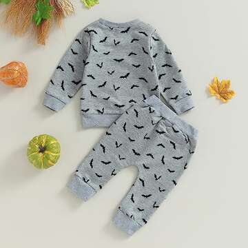 YINGISFITM Baby Girl Boy Halloween Outfits Bumpkin Spook Crewneck Sweatshirt Top Pants Set Toddler Neutral Fall Winter Clothes (Dark Gray-Bat, 18-24 Months)