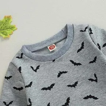 YINGISFITM Baby Girl Boy Halloween Outfits Bumpkin Spook Crewneck Sweatshirt Top Pants Set Toddler Neutral Fall Winter Clothes (Dark Gray-Bat, 18-24 Months)