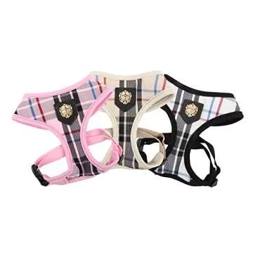 puppia Junior Over-The-Head Dog Harness Checkered Pattern No Choke No Pull Adjustable Chest Belt Walking Training for Small and Medium Dog, Small, Beige